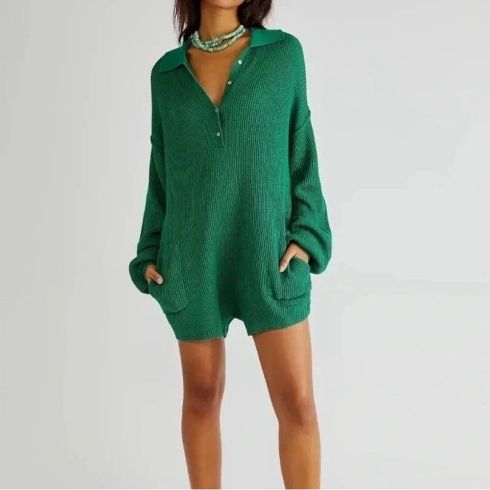 Free People Green Knit Polo Sweater Romper